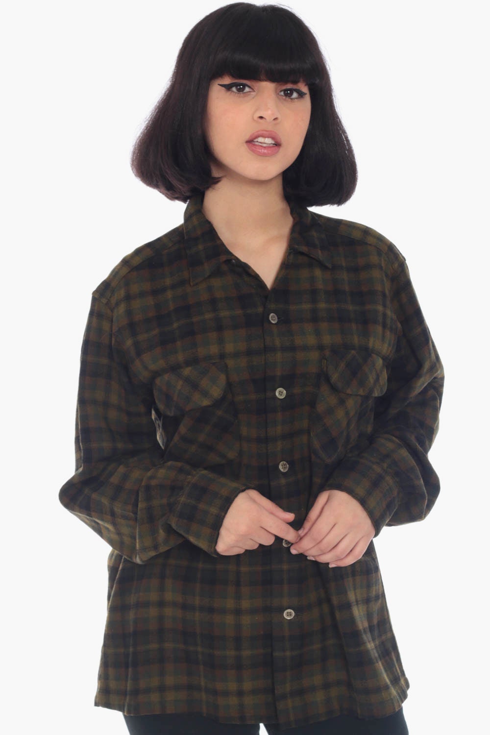 Wool Plaid Shirt Olive Green Flannel Shirt Plaid 80s Long Sleeve 