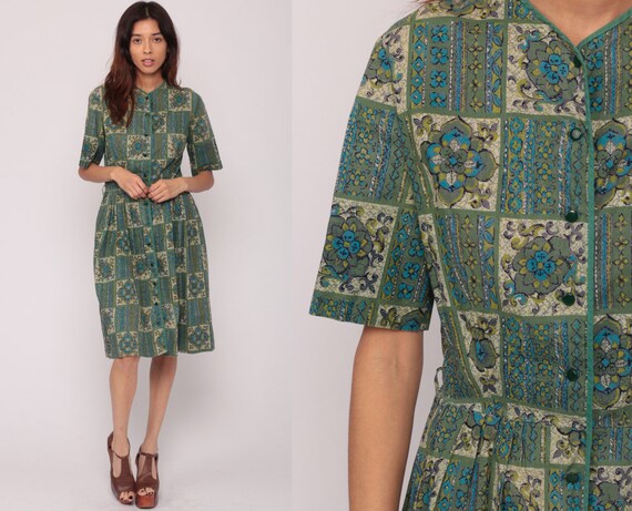 1960s Dress Green Floral Print Dress Garden Party 60s Cotton Day Dress 50s Mini Cotton Button Up Pin Up Vintage Mad Men Medium