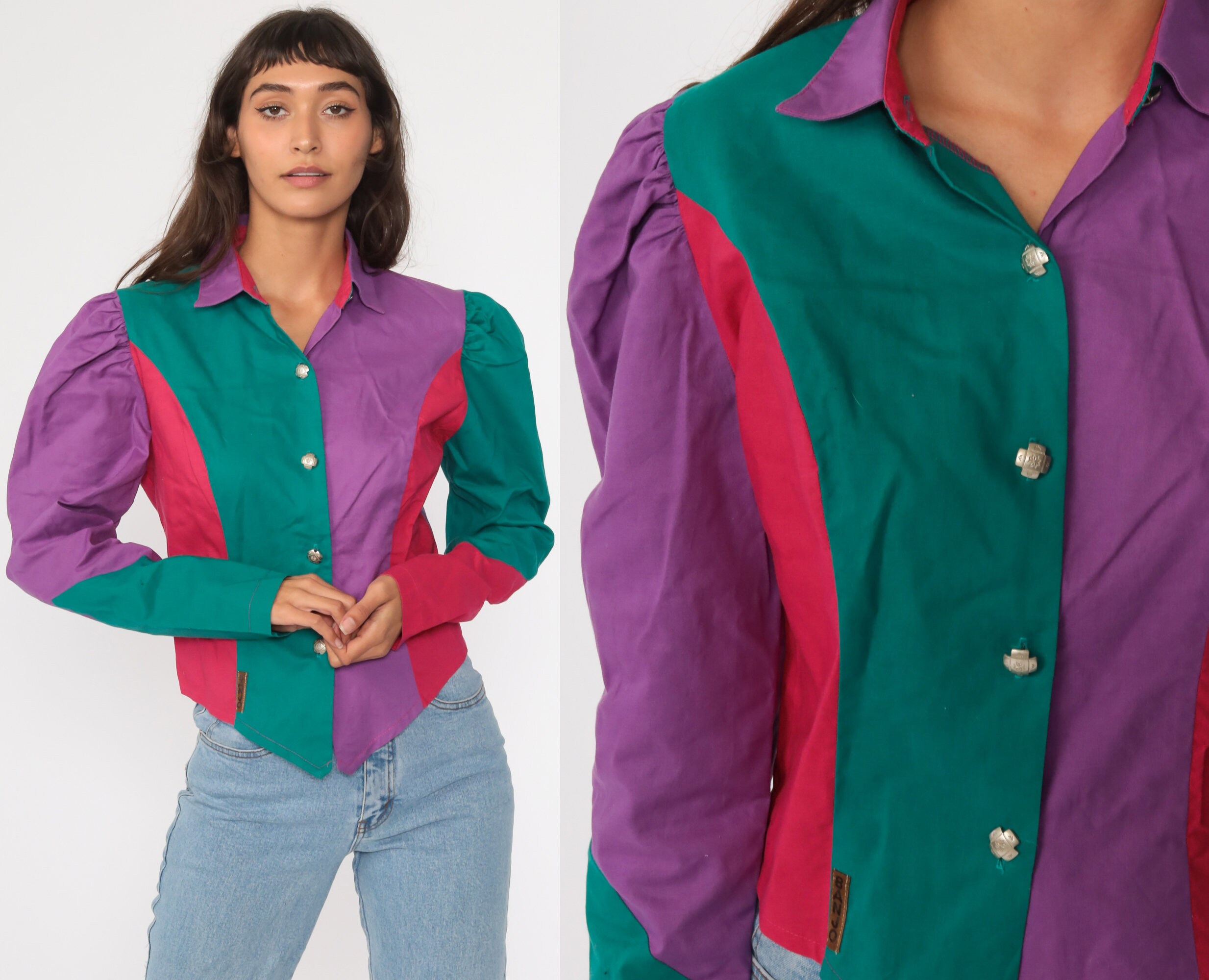 Color Block Shirt Button Up Shirt 80s 