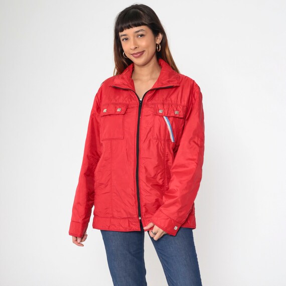 Red Ski Jacket 80s Zip Up Puffer Jacket Blue White Striped Chest Pocket Puffy Winter Coat Plain Basic Retro Skiwear 1980s Vintage Large L