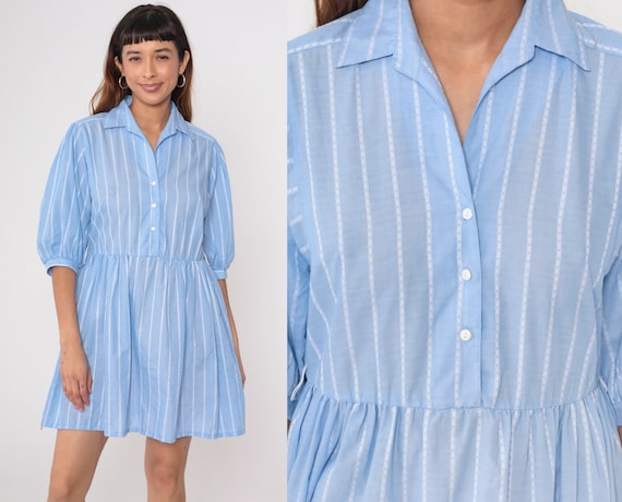Striped Shirt Dress 80s Blue Balloon Sleeve Dress… - image 1