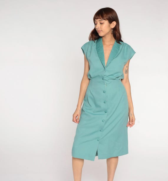 70s Blazer Dress Turquoise Aqua Blue Quilted Collar Cap Sleeve Button Front Tie Waist 1970s Office Dress Midi Secretary Dress Large L 12 14