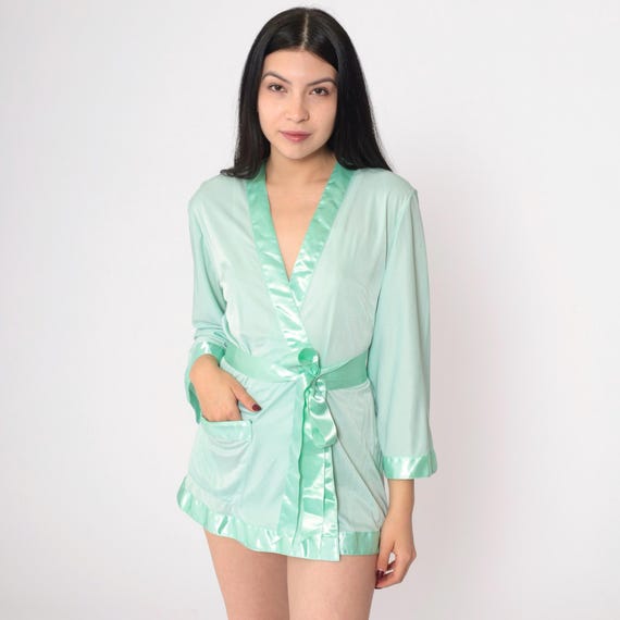 Vintage Mint Pajama Robe 80s Pastel Green Lingerie Jacket Satin Wrap Tie Front Lounge Mini Short Robe Retro Basic Plain 1980s Medium