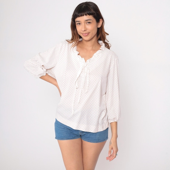 Polka Dot Blouse 70s White Red Lace Up Tie Front Puff Sleeve Peasant Prairie Vintage Balloon Sleeve Disco Shirt Casual 1970s Fashion Large L