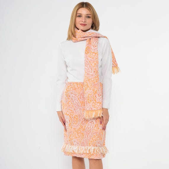 60s Mod Paisley Dress Matching Scarf Fringe Trim Psychedelic Midi 1960s Hippie High Waist Vintage Long sleeve Orange White Extra Small xs