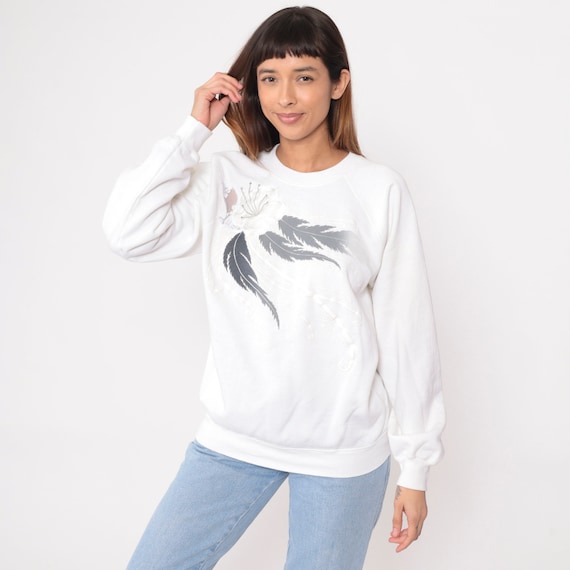 Rhinestone Floral Sweatshirt White Graphic Mesh Lace Gemstone Shirt 90s Crewneck Pullover Flower Print 1990s Vintage Raglan Sleeve Large L