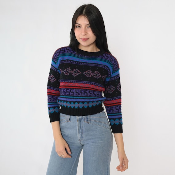 80s Geometric Sweater Vintage Black Cropped Ski Sweater Acrylic Knit Sweater Pullover Crewneck Jumper 1980s 2xs xxs