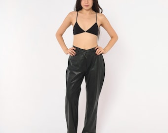 90s Black Leather Pants High Waist Straight Leg Trousers Button Front Back Pockets Rocker Biker Goth Corporate Vintage Slacks Moto Medium M