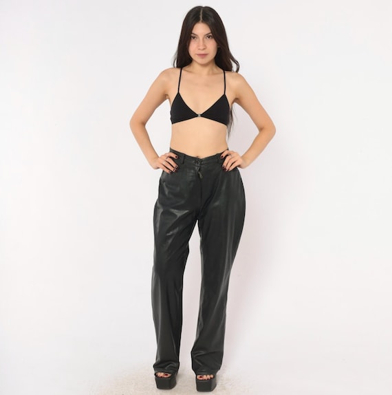 90s Black Leather Pants High Waist Straight Leg Trousers Button Front Back Pockets Rocker Biker Goth Corporate Vintage Slacks Moto Medium M