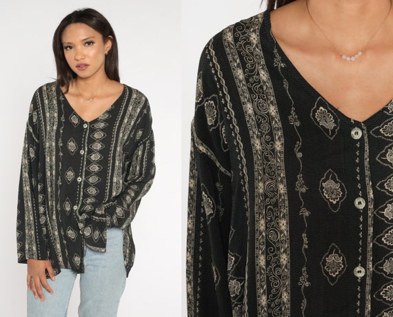 90s Button Up Blouse Black Striped Floral Print Top Retro Grunge Collared Shirt Long Sleeve Bohemian Beige Vintage 1990s Oversized Small