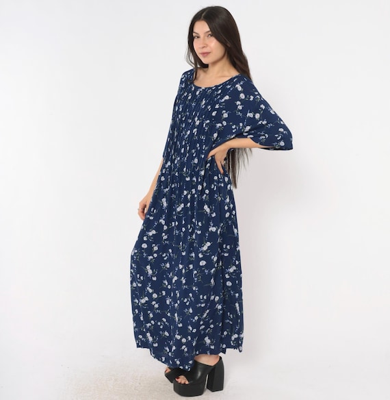 90s Navy Floral Dress Pintuck Pleated Short Sleeve Blue White Daisy Print Tie Back Grunge Summer Sundress Cottagecore Prairie Plus Size 3X