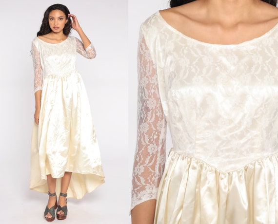 Cream Lace Dress 60s Wedding Dress Party Victorian Basque Waist Satin Skirt Maxi 1960s Bohemian Vintage Formal Romantic Princess Small S