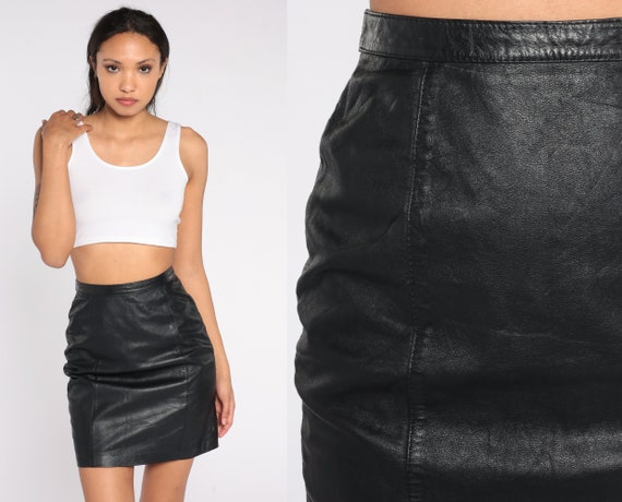 Black Leather Pencil Skirt 90s Mini Skirt Boho Bo… - image 1