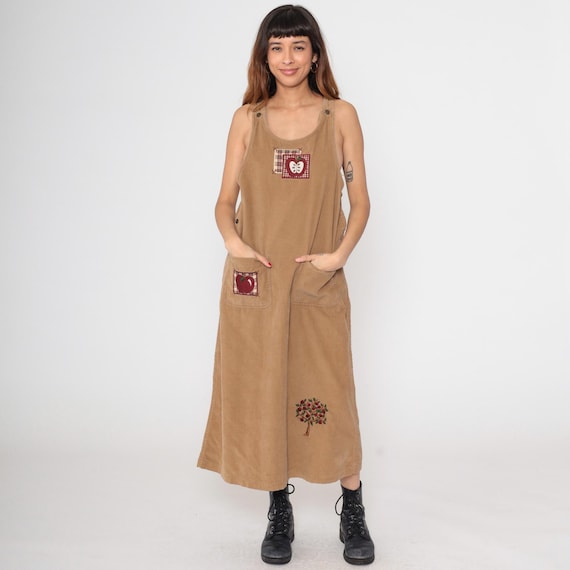 90s Corduroy Jumper Tan Apple Embroidery Maxi Dress Sleeveless Cottagecore Prairie Vintage Apple Tree Overall Farmcore Country Folk Large L