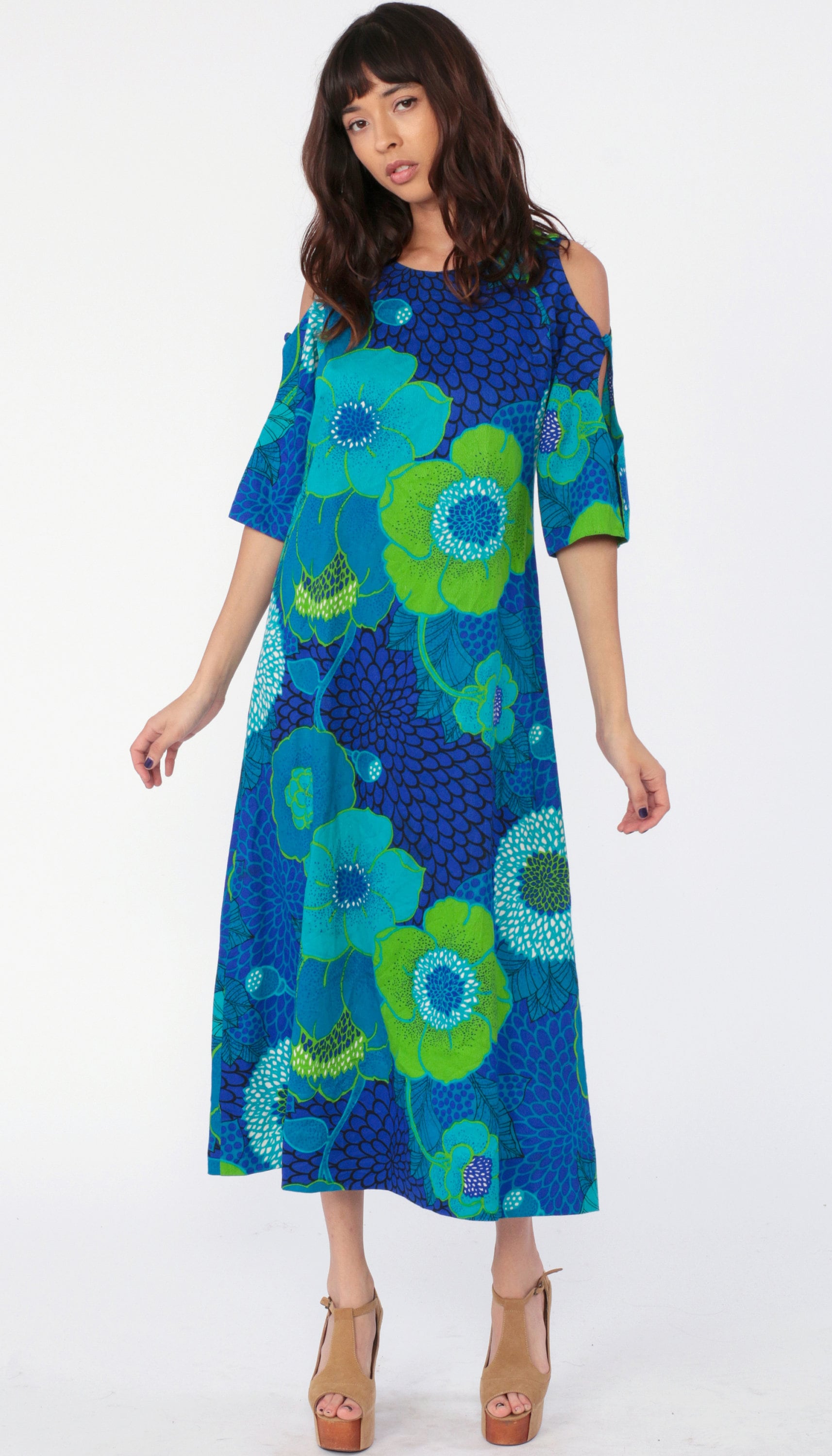 Hawaiian Cold Shoulder Dress 70s Midi Boho Floral Hippie Bohemian 1970s Long Cutout Keyhole 