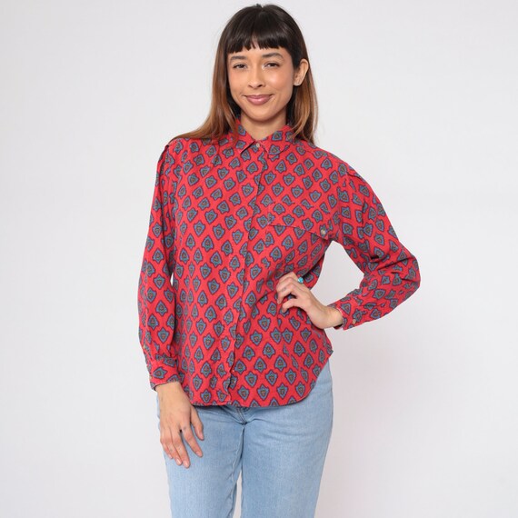 Heart Print Top 90s Button up Shirt Red Ornate Floral Hearts Flower Print Top Long Sleeve Collared Boho Hippie Cotton Vintage 1990s Medium M