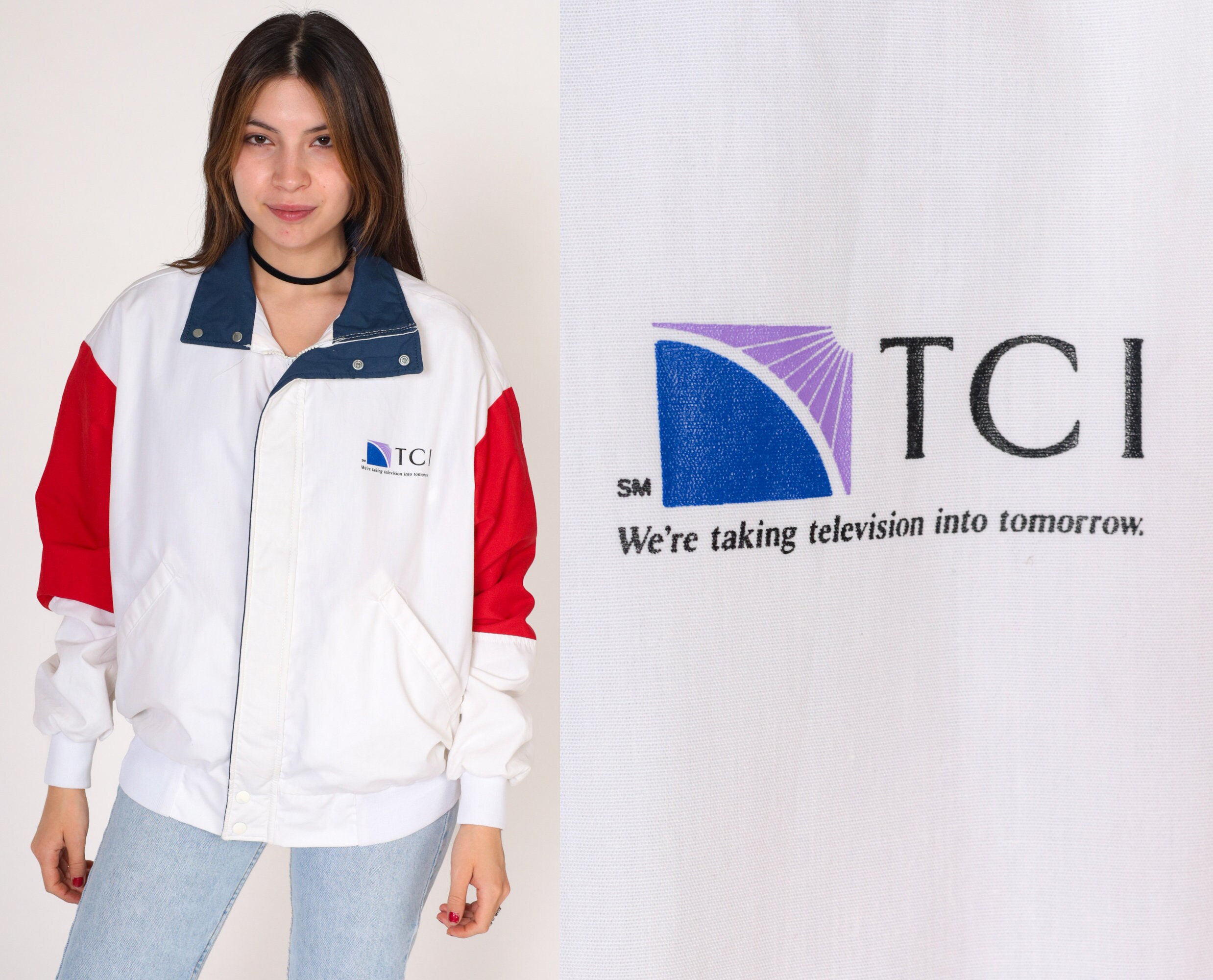 TCI Jacket 80s Windbreaker White Red Blue Zip up Uniform TCI Jacket 80s Windbreaker White Red Blue Zip up Uniform