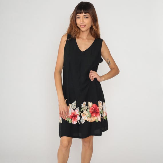 Y2K Black Dress Tropical Floral Border Print Sleeveless V Neck Hawaiian Hibiscus Shell Summer Shift Knee Length Vintage Sundress Large L