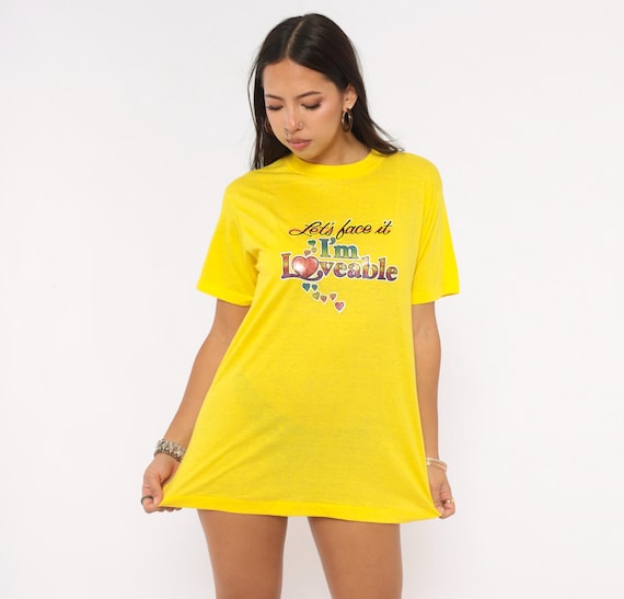 80s "Let's face it I'm Loveable" Heart Glitter Tee Yellow Graphic Print Slogan Funny Quote Shirt Gold Summer Unisex Vintage Top Large L