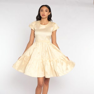 Cream Party Dress 70s Mini Dress Tiered Flounce Full Skirt High Waisted Party Puff Sleeve Vintage Shimmery 1970s Small S