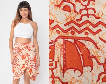 80s Wrap Skirt Tie Die Mini Skirt Orange Cream Abstract Petroglyph Print Boho Cotton Vintage 1980s tapa designs hawaii  Small Medium Large