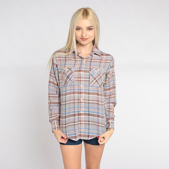 Levis Plaid Shirt 80s Button Up Shirt Retro Preppy Checkered Collared Shirt Long Sleeve Levi Strauss Blue Brown Vintage 1980s Mens Small