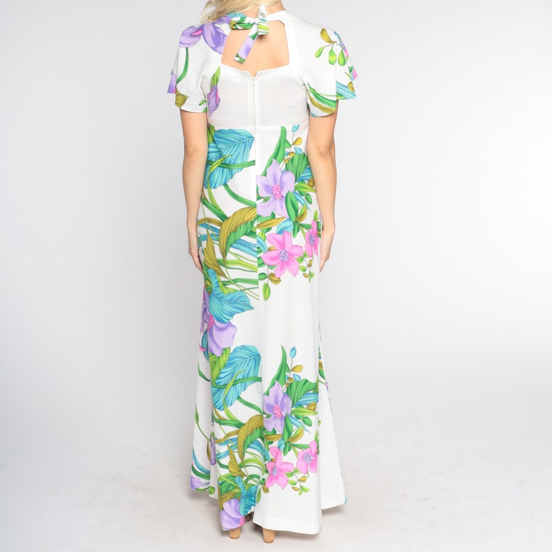 Tropical Maxi Dress 70s Hawaiian Floral White Smocked Flutter Sleeve ...