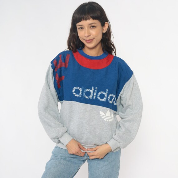 90s Adidas Sweatshirt Color Block Grey Blue Red Crewneck Vintage Trefoil Streetwear Athletic Sportswear Pullover Gym Cover Graphic Small S