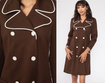 60s Coat Dress Brown Double Breasted Dress Fitted Mod Mini Dress Button Up Mad Men Long sleeve 1960s Vintage Butte Knit Small Medium