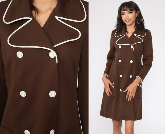 60s Coat Dress Brown Double Breasted Dress Fitted… - image 1