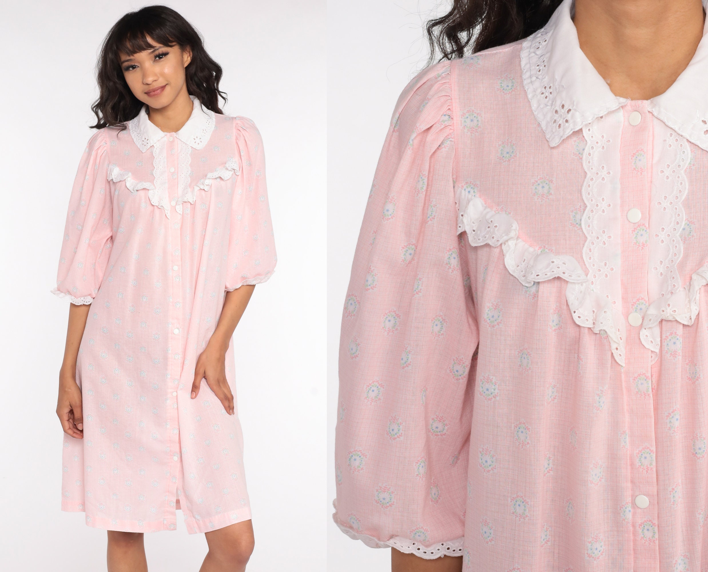 Floral Nightgown Pajama Dress 80s Puff Sleeve Nightie Baby Pink Midi