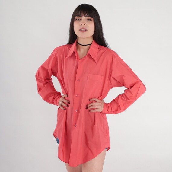 70s Button Up Shirt Coral Pink Long Sleeve Collared Shirt Basic Plain Preppy Simple Oxford Seventies Minimalist Vintage 1970s Men's Large L