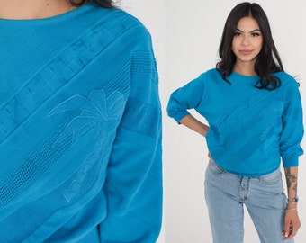 Blue Sweatshirt Top 80s Palm Tree Shirt Textured Woven Mesh Overlay Sweater Retro Pullover Slouchy Streetwear Athleisure 1980s Vintage Small