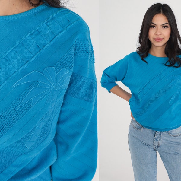 Sweat-shirt bleu haut palmier des années 80, pull texturé en maille tissée superposée, pull rétro ample, streetwear Athleisure, vintage des années 1980, petit