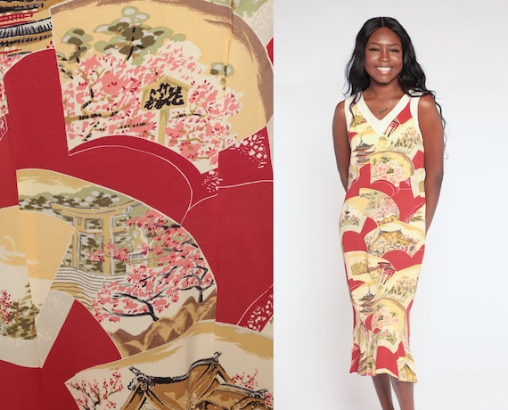 Asian Print Dress 90s Red Midi Dress Novelty Print Sleeveless Shift Retro Boho Japanese Pagoda Hippie Summer Dress Vintage 1990s Small S