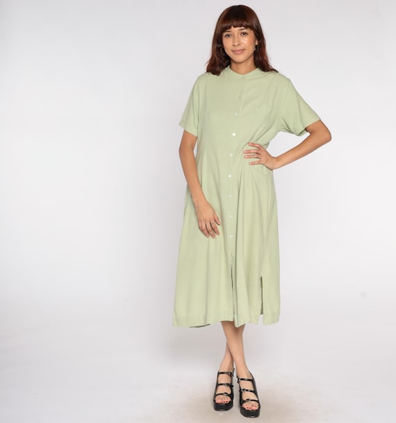Sage Green Shirt Dress 90s Minimalist Button Down Mandarin Collar Short Sleeve Midi Pocket Front Silk Simple Clean Casual Extra Large XL