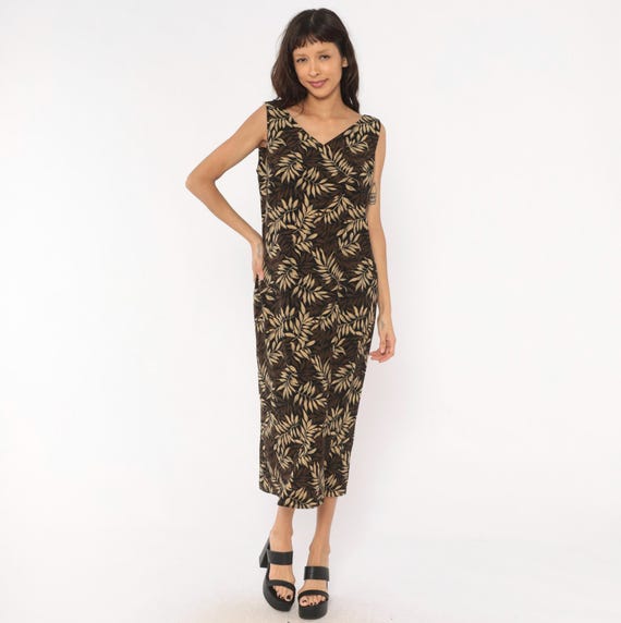 90s Tropical Leaf Print Midi Dress Sleeveless V Neck Black Brown Tan Palm Frond Summer Vacation Resort Neutral Earth Tone Vintage Large L