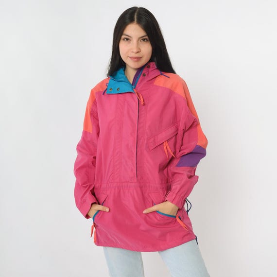 90s Hooded Color Block Windbreaker Jacket M Vintage Pink Orange Blue Half Zip Pullover Jacket Hoodie Hiking 1990s Hood Oversized Medium