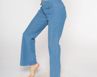 70s Flare Jeans Light Blue Sears Vintage High Waisted Bell Bottom Denim Cotton Hippie Boho  Casual Wide Leg Festival Authentic 33 x 32