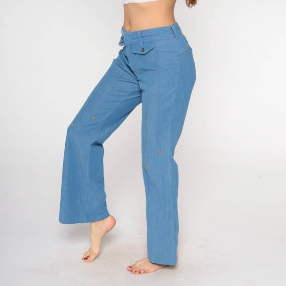 70s Flare Jeans Light Blue Sears Vintage High Waisted Bell Bottom Denim Cotton Hippie Boho  Casual Wide Leg Festival Authentic 33 x 32