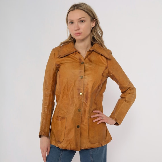 Tan Leather Jacket 70s Button Front Distressed Vintage Snap Caramel Coat Weathered Patina Western Bohemian Everyday XS Extra Small