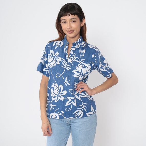 Blue Floral Shirt Y2K Tropical Polo Collared Quarter Button Up Shirt Retro Preppy Flower Print Short Sleeve Top Vintage 00s Extra Small xs
