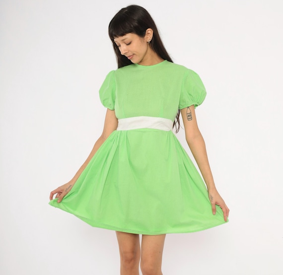 70s Lime Green Mini Babydoll Puff Sleeve Dress  Cotton Polka Dot White Bow Waist Band Crew Neck  Vintage Cottagecore Coquette Frock Small S