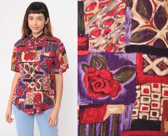 Patchwork Abstract Shirt 90s Button Front Short S… - image 2