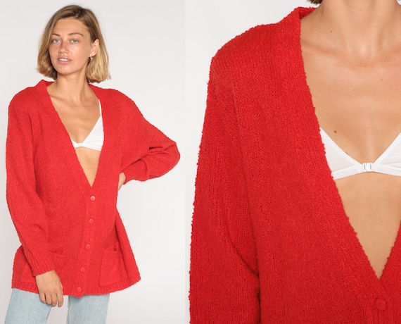 Red Cardigan 80s Button Up Knit Sweater Retro Grunge Grandpa Sweater Plain Slouchy Acrylic Knitwear Cozy Normcore Boho Vintage 1980s Large L