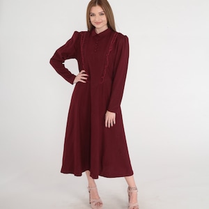 Dark Red Dress 80s Wool Midi Dress Dark Academia Long Puff Sleeve Sleeve Collared Ruffle Dress Basque Waist Bow 1980s Vintage Medium M