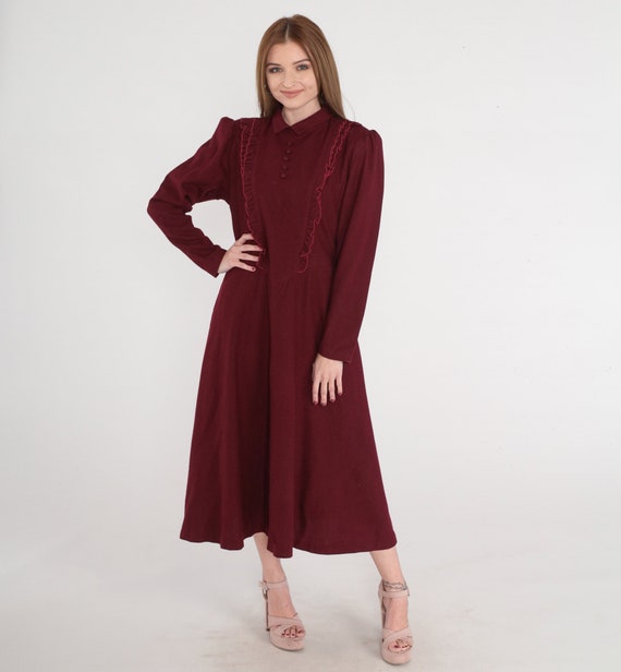 Dark Red Dress 80s Wool Midi Dress Dark Academia Long Puff Sleeve Sleeve Collared Ruffle Dress Basque Waist Bow 1980s Vintage Medium M
