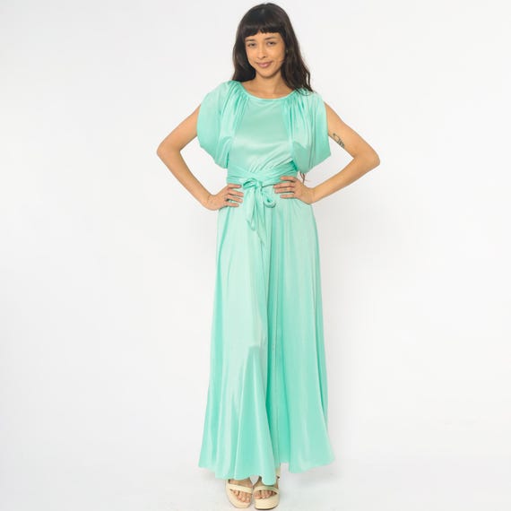 70s Mint Grecian Dress Disco Green Aqua Turquoise Seafoam Sleeveless Ruched Neckline Formal Evening Mamma Mia Summer Party Vintage Small S
