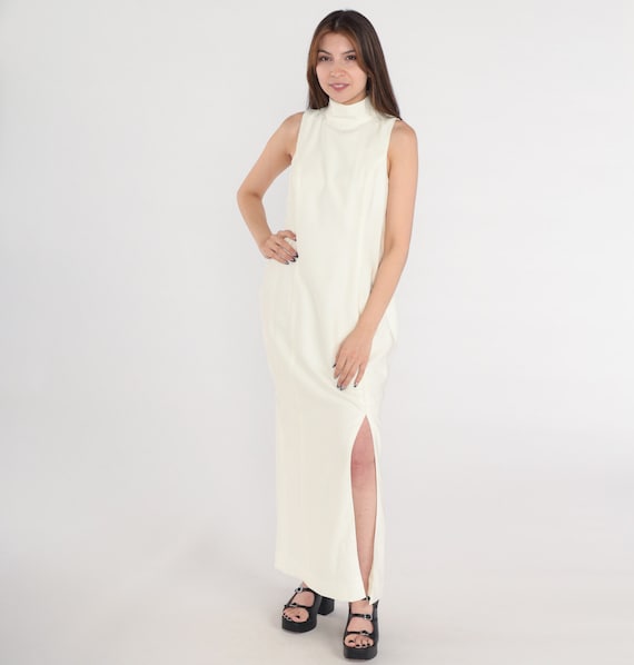 Cream Gown 80s Long Party Dress Simple Maxi Dress Sleeveless Mock Neck High Slit Retro Simple Plain Formal Evening Vintage 1980s Small S