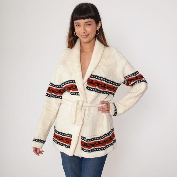 Cream Southwestern Cardigan 1970s Geometric Pattern Tie Belt Shawl Collar Long Sleeve Vintage Boho Western Wrap Medium Large M L